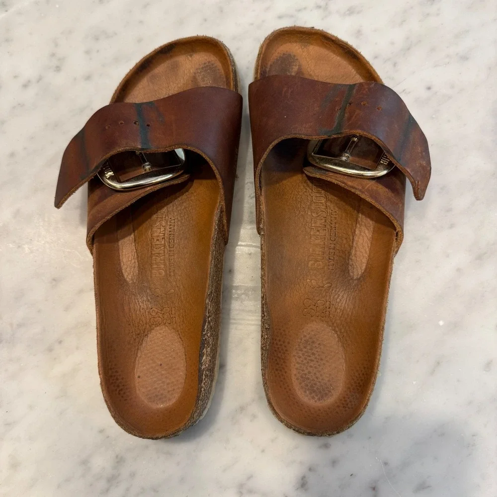 Birkenstock Madrid Big Buckle Cognac Oiled Leather Sandals Slides Womens 39 - Picture 3 of 8